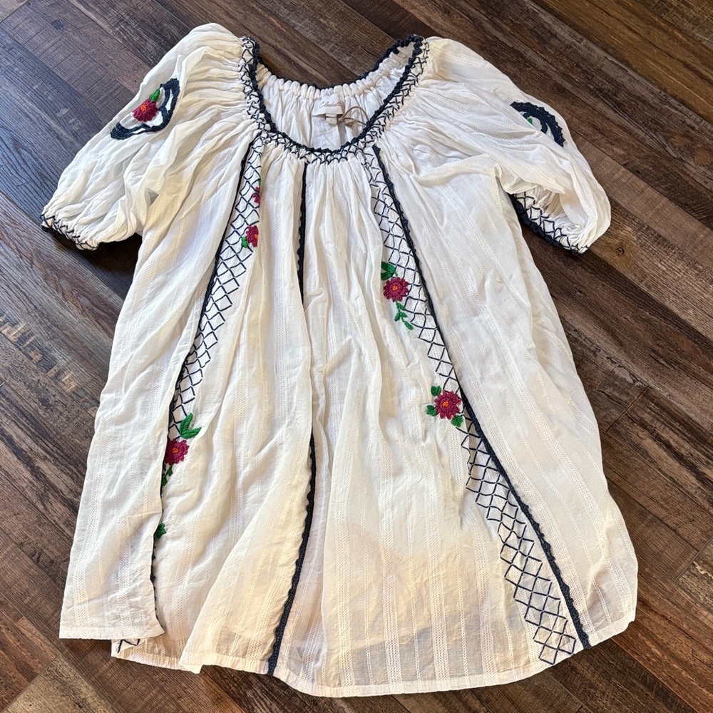Cleobella White Peasant Dress with Pink Floral Embroidery